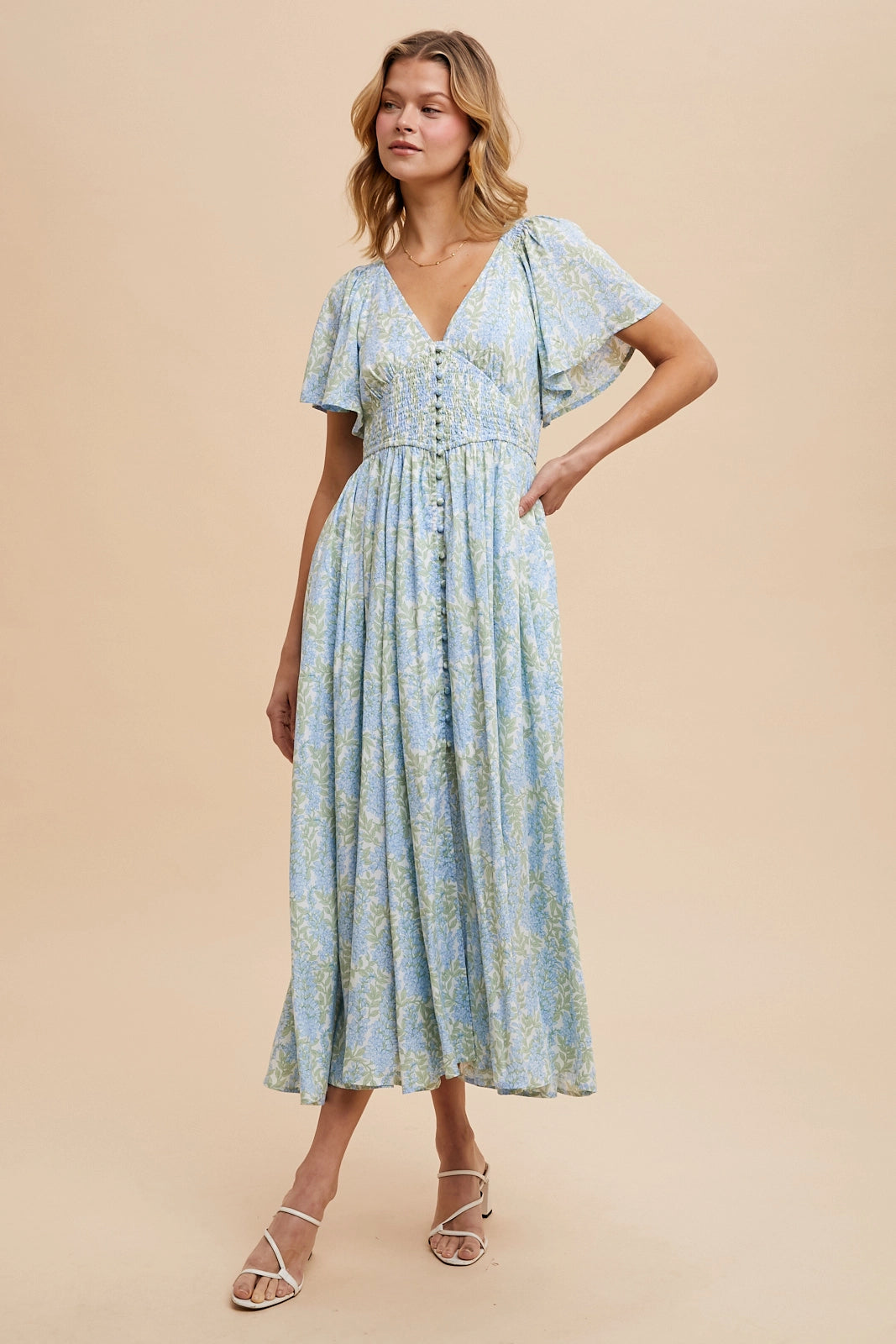 Blue Smocked Waist Button Down Maxi