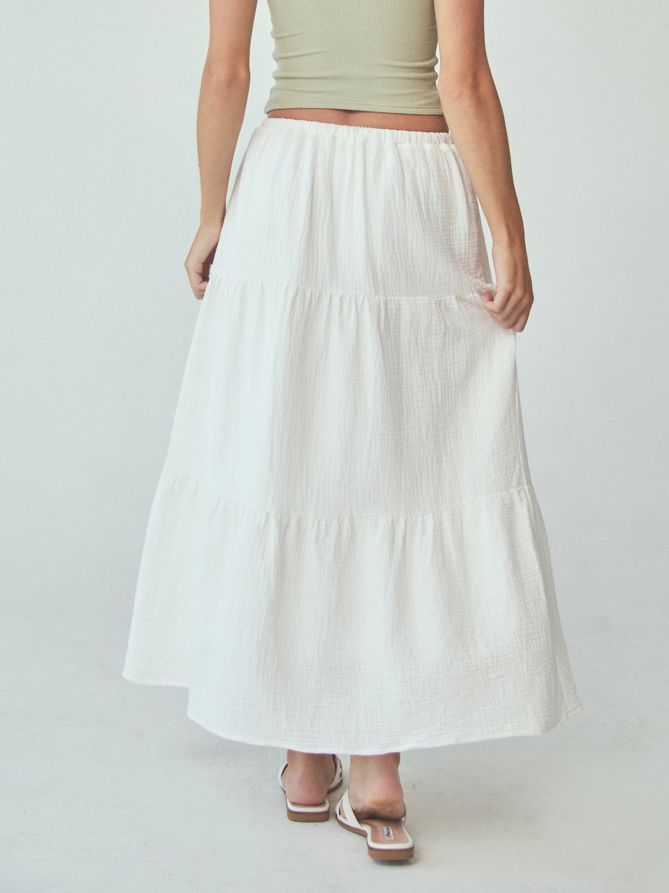 Tiered White Cotton Maxi Skirt