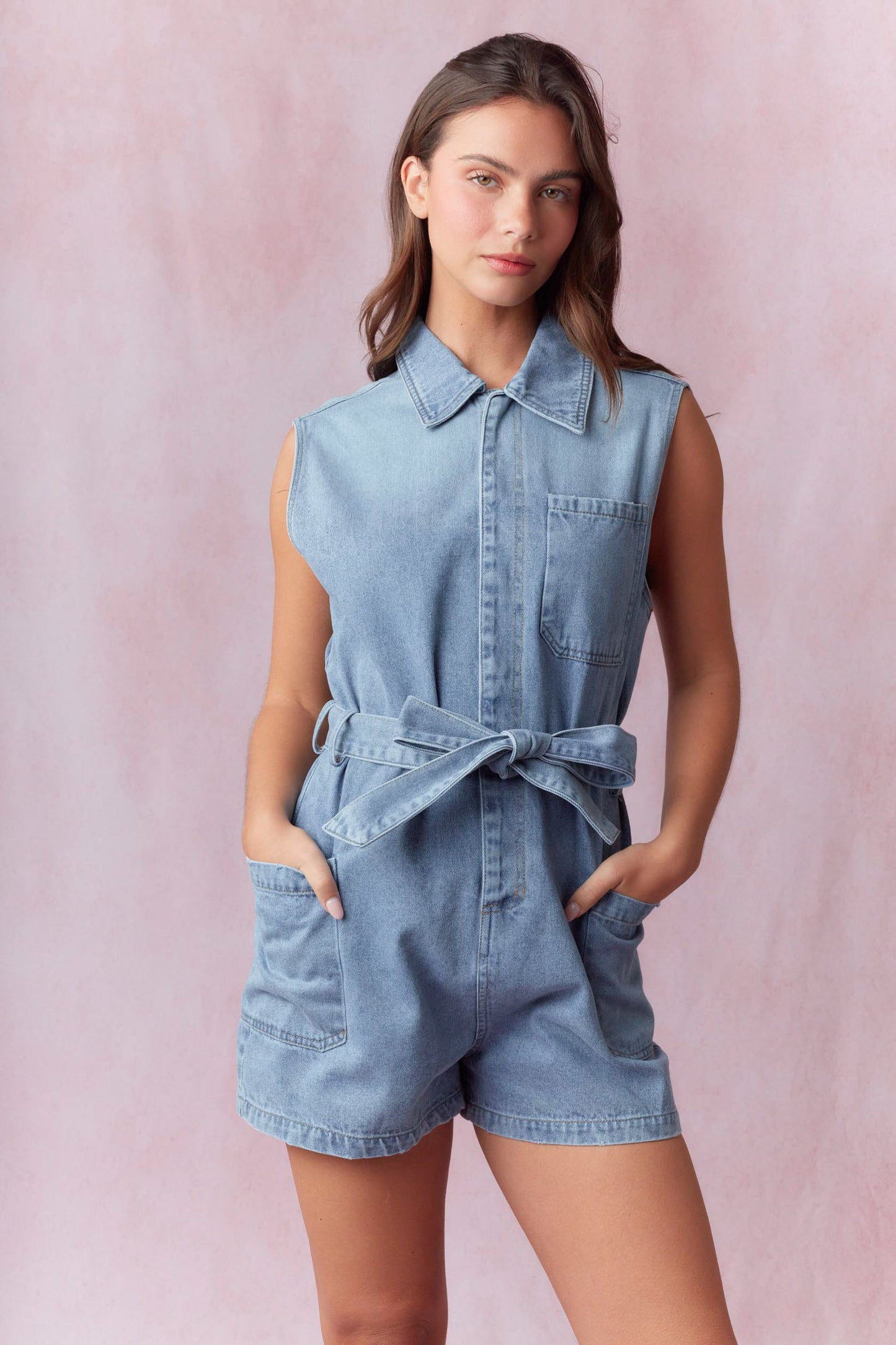 Washed Denim Sleeveless Waist Tied Romper