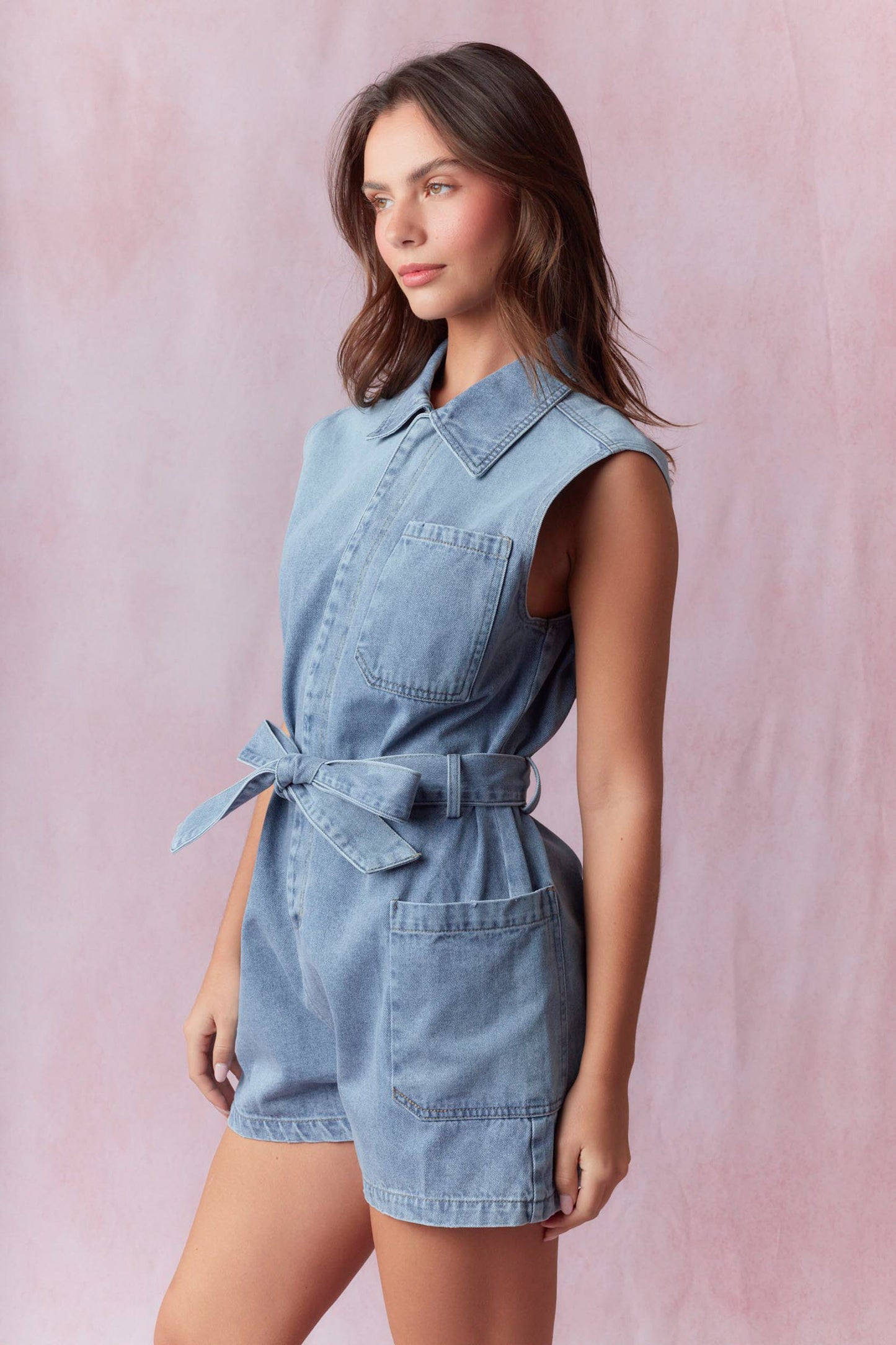 Washed Denim Sleeveless Waist Tied Romper