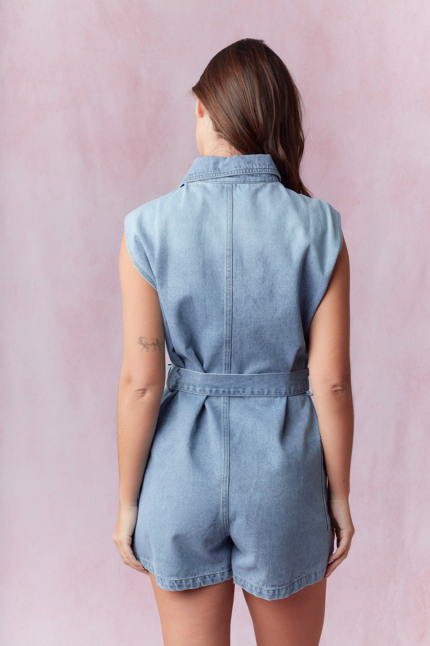 Washed Denim Sleeveless Waist Tied Romper