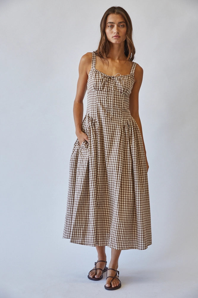 Brown Gingham Midi Dress