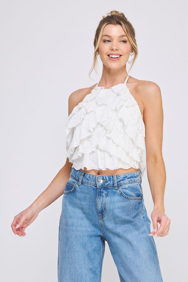 White Ruffle Eyelet Halter
