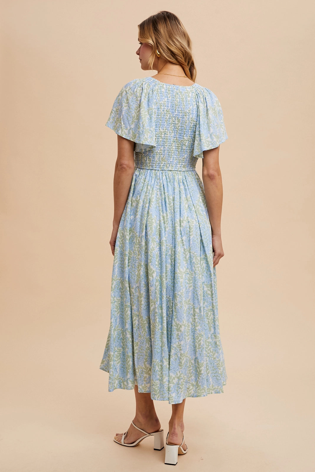 Blue Smocked Waist Button Down Maxi