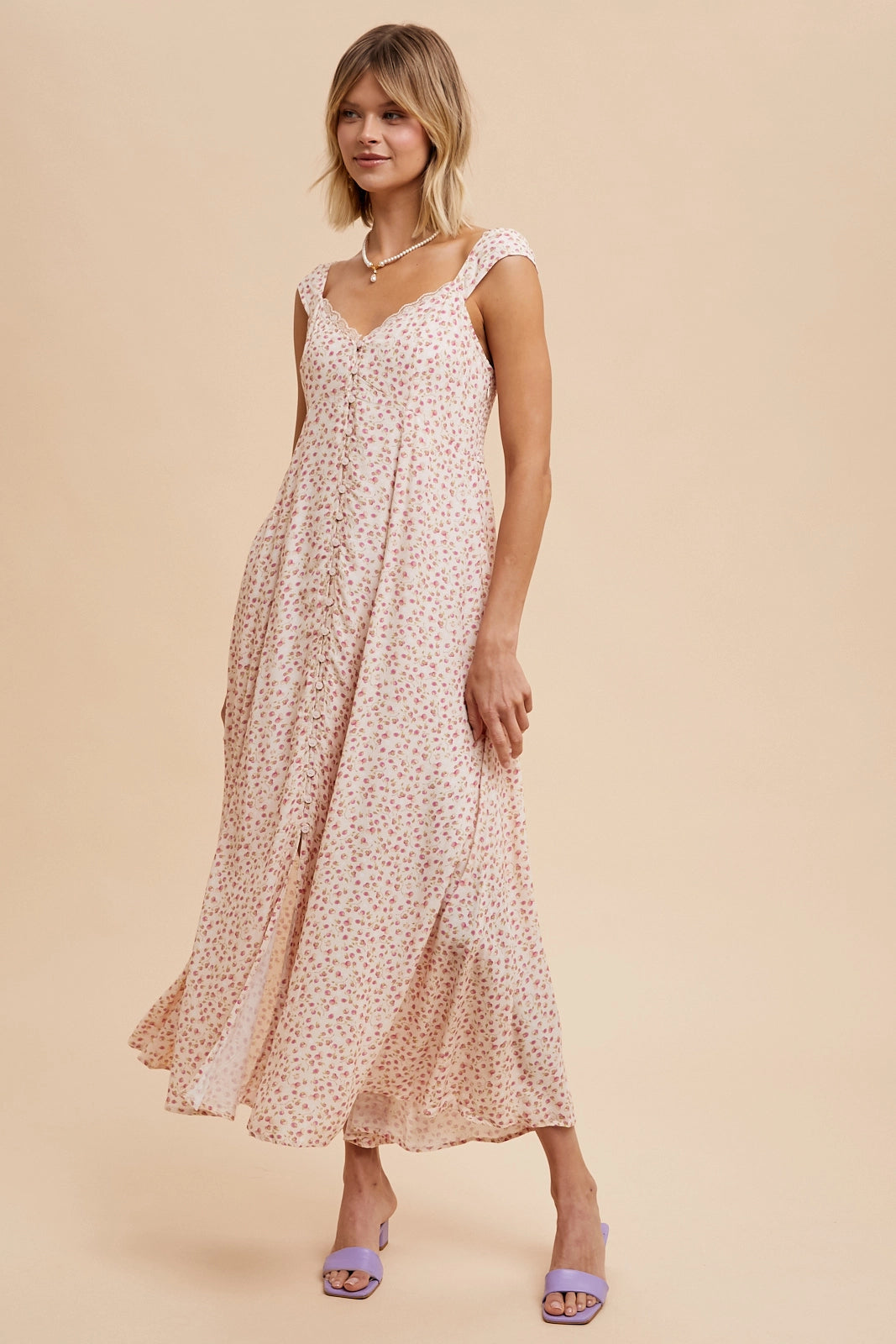 Lavender Viscose Button Down Floral Dress