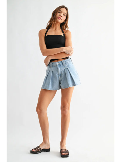 Pleated Bubble Denim Short