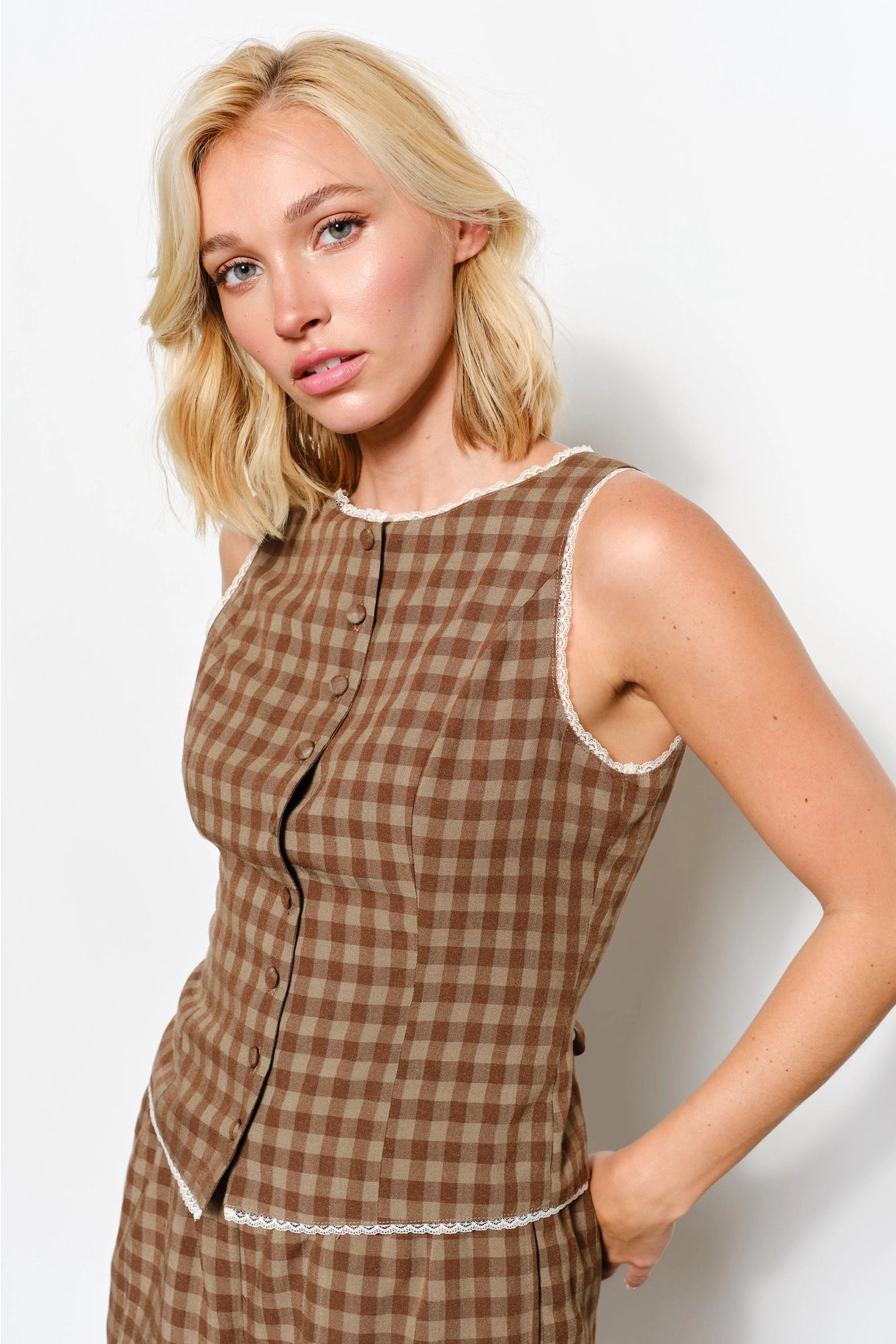 Brown Gingham Button Vest