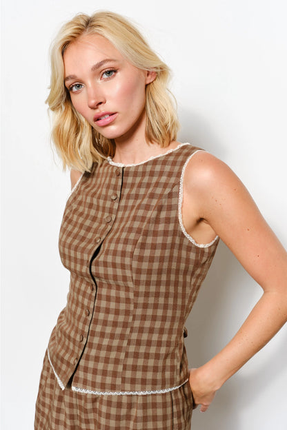 Brown Gingham Button Vest
