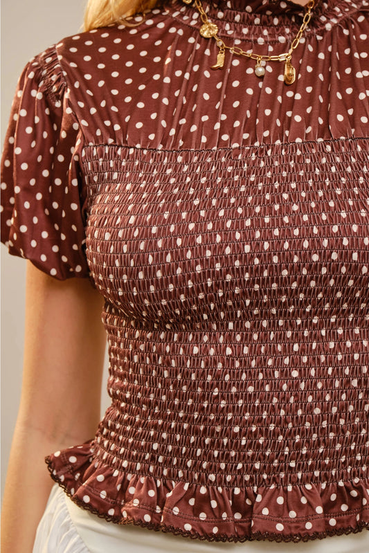 Polka Dot Smocked Mock Neck Top