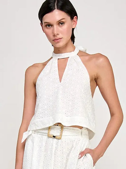 Eyelet Cotton Halter Tie-Back Top