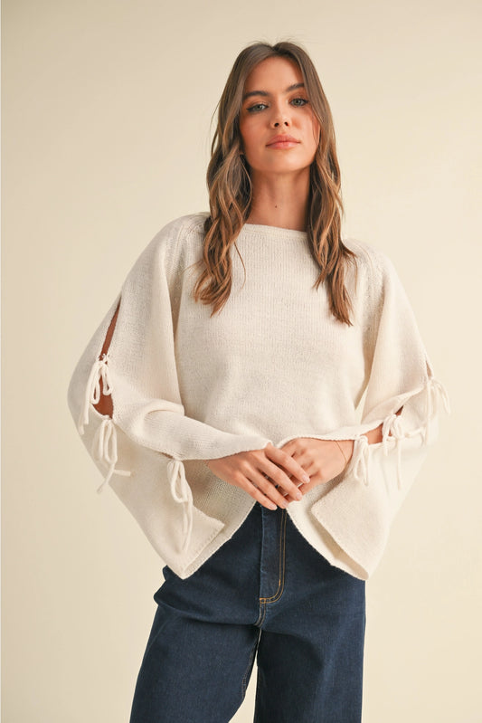 Cream Ribbon Tie On Sweater