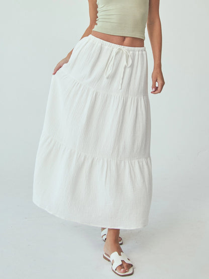 Tiered White Cotton Maxi Skirt