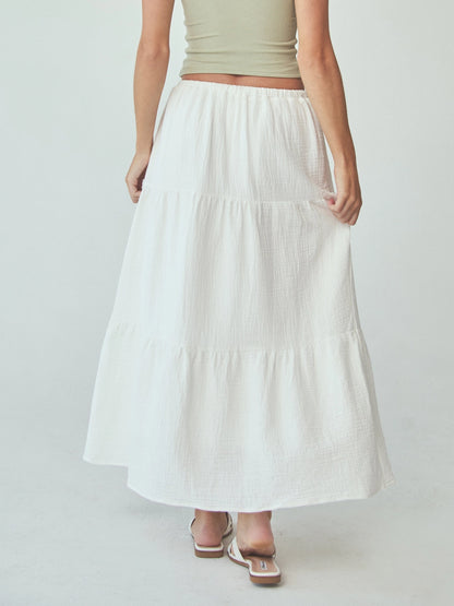Tiered White Cotton Maxi Skirt