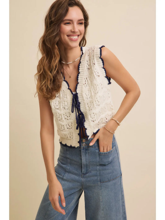 Crochet Sweater Vest with Scallop and Bow Details