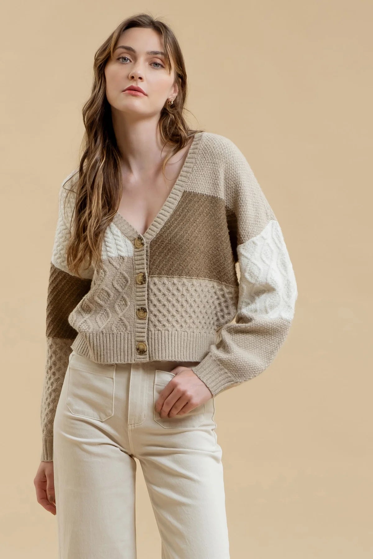 Taupe Patchwork Cable Knit Cardigan