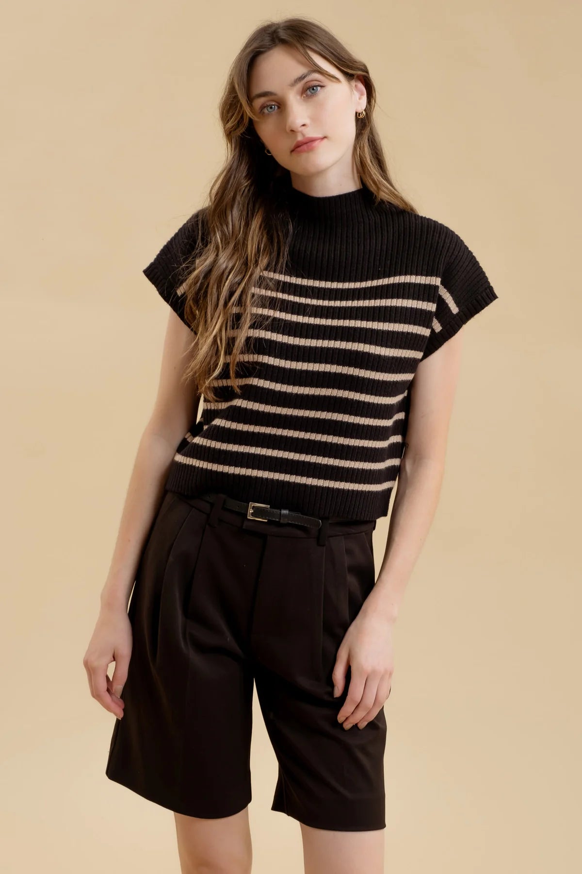 Stripe Funnel Neck Drop Shoulder Sweater Knit Top