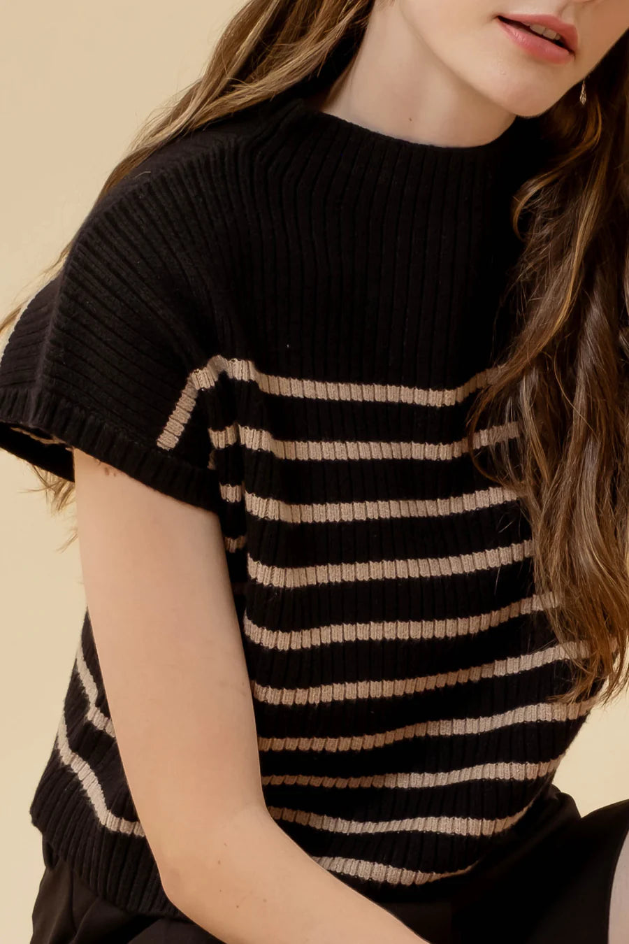 Stripe Funnel Neck Drop Shoulder Sweater Knit Top