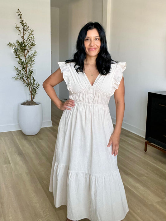 Neutral Striped Ruffled Long Dress