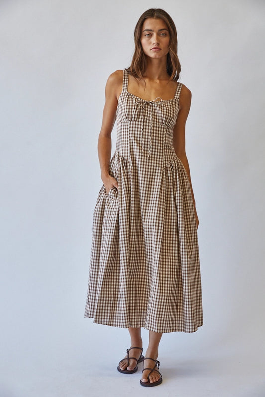 Brown Gingham Midi Dress