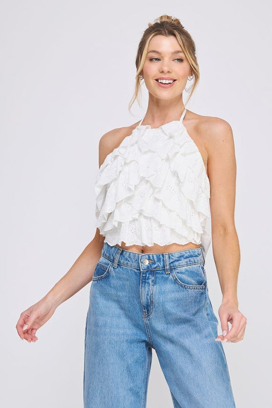 White Ruffle Eyelet Halter