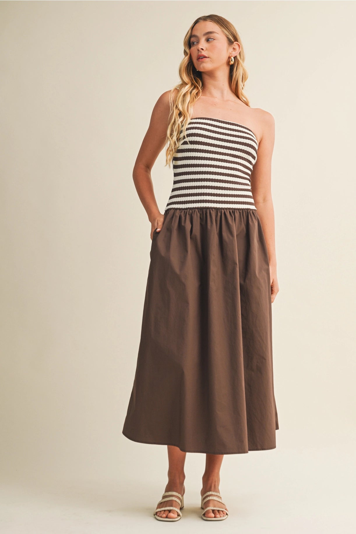 Brown and Cream Striped Tube Dress