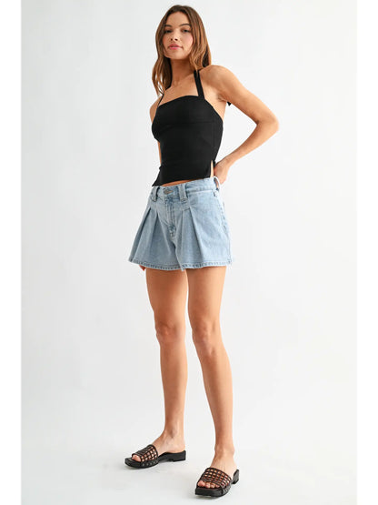 Pleated Bubble Denim Short
