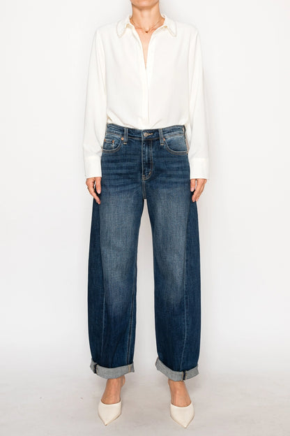 High Rise Relaxed Tapered Dark Wash Barrel Jeans