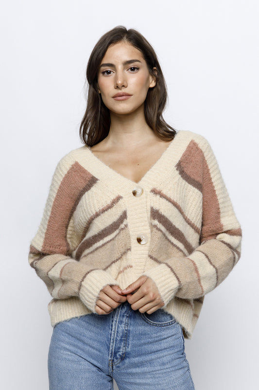 Neutral Striped Fuzzy Cardigan