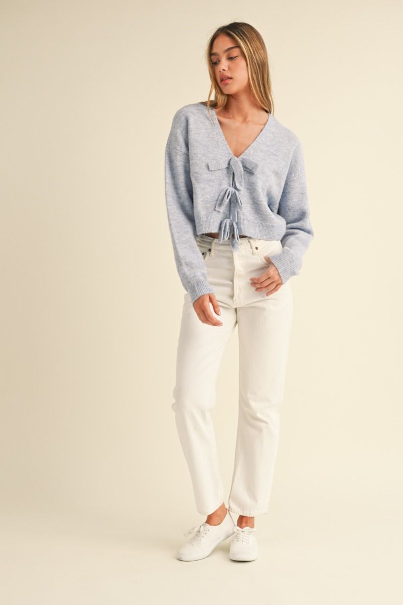 Light Blue Solid V-Neck Sweater with Bow