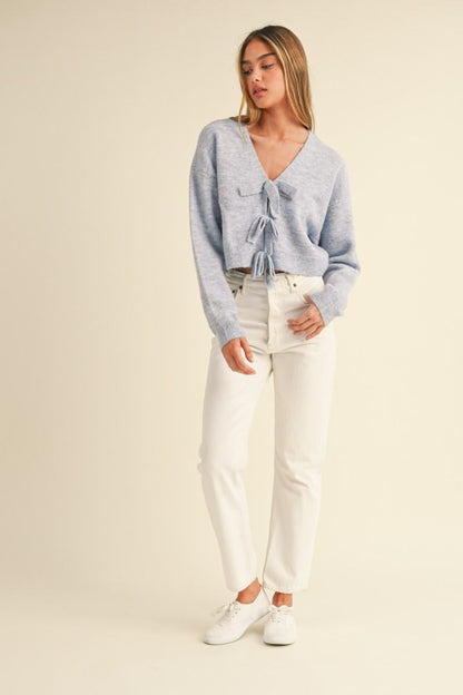 Light Blue Solid V-Neck Sweater with Bow