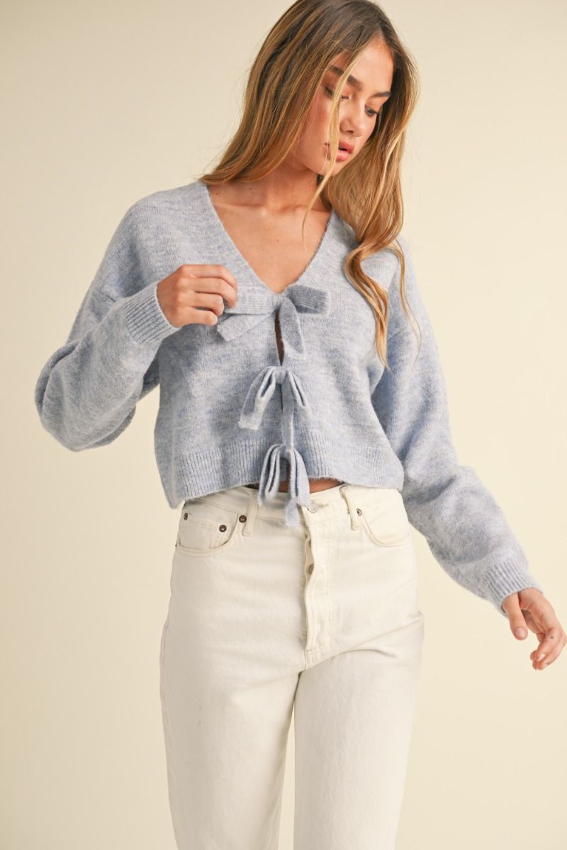 Light Blue Solid V-Neck Sweater with Bow